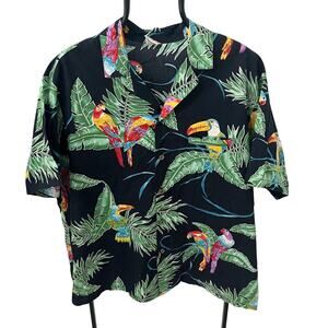 Barefoot In Paradise Hawaiian Shirt XL Black Parrot Toucan Tropical Vtg Cotton